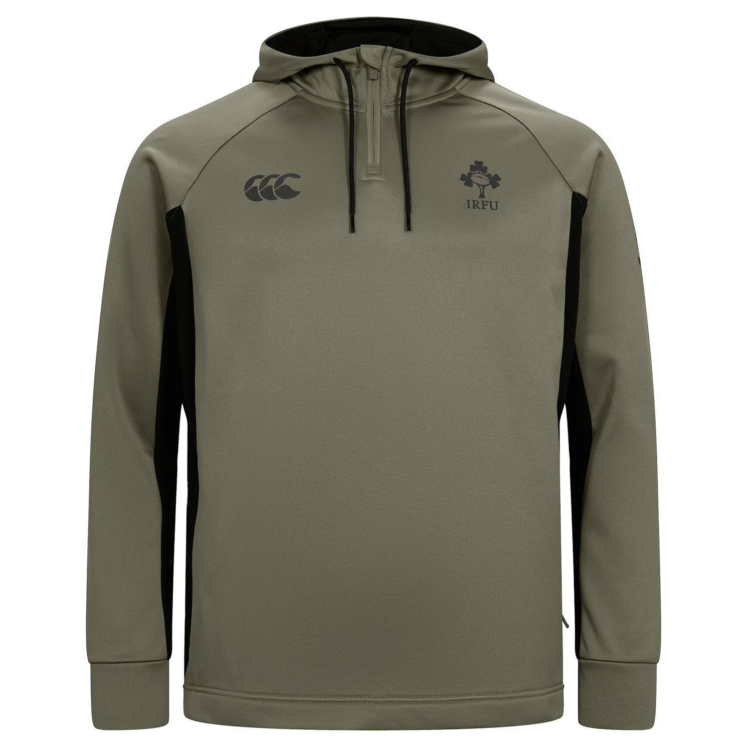 The Ireland 25/26 Training Hoodie by Canterbury features khaki green fabric, a front pocket, black side panels, a hood, and chest logos—ideal for IRFU fans seeking the perfect Canterbury training hoodie.