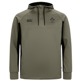 The Ireland 25/26 Training Hoodie by Canterbury features khaki green fabric, a front pocket, black side panels, a hood, and chest logos—ideal for IRFU fans seeking the perfect Canterbury training hoodie.