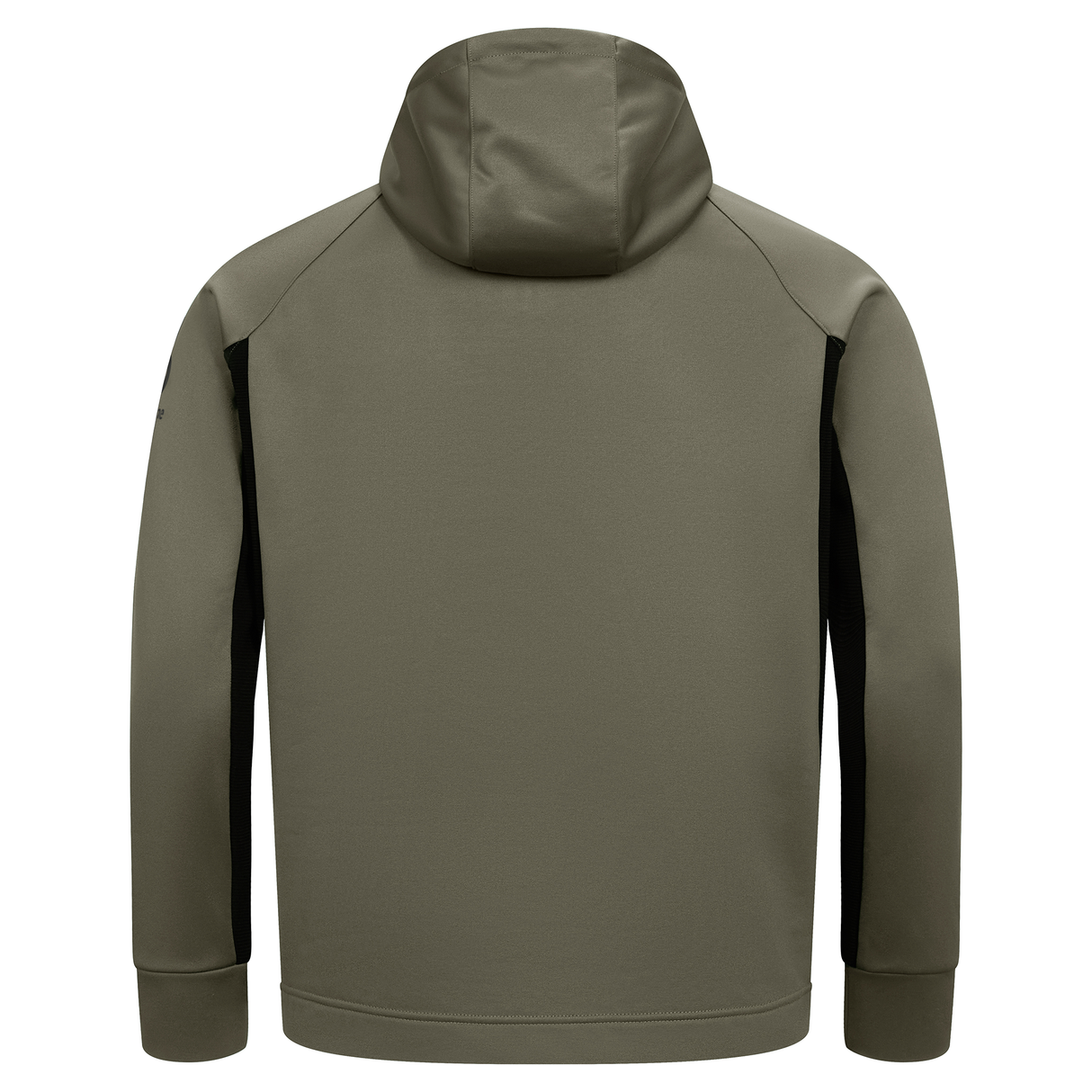 Back view of the Ireland 25/26 Training Hoodie by Canterbury in olive green, featuring black side panels and long sleeves, shown against a plain white background.