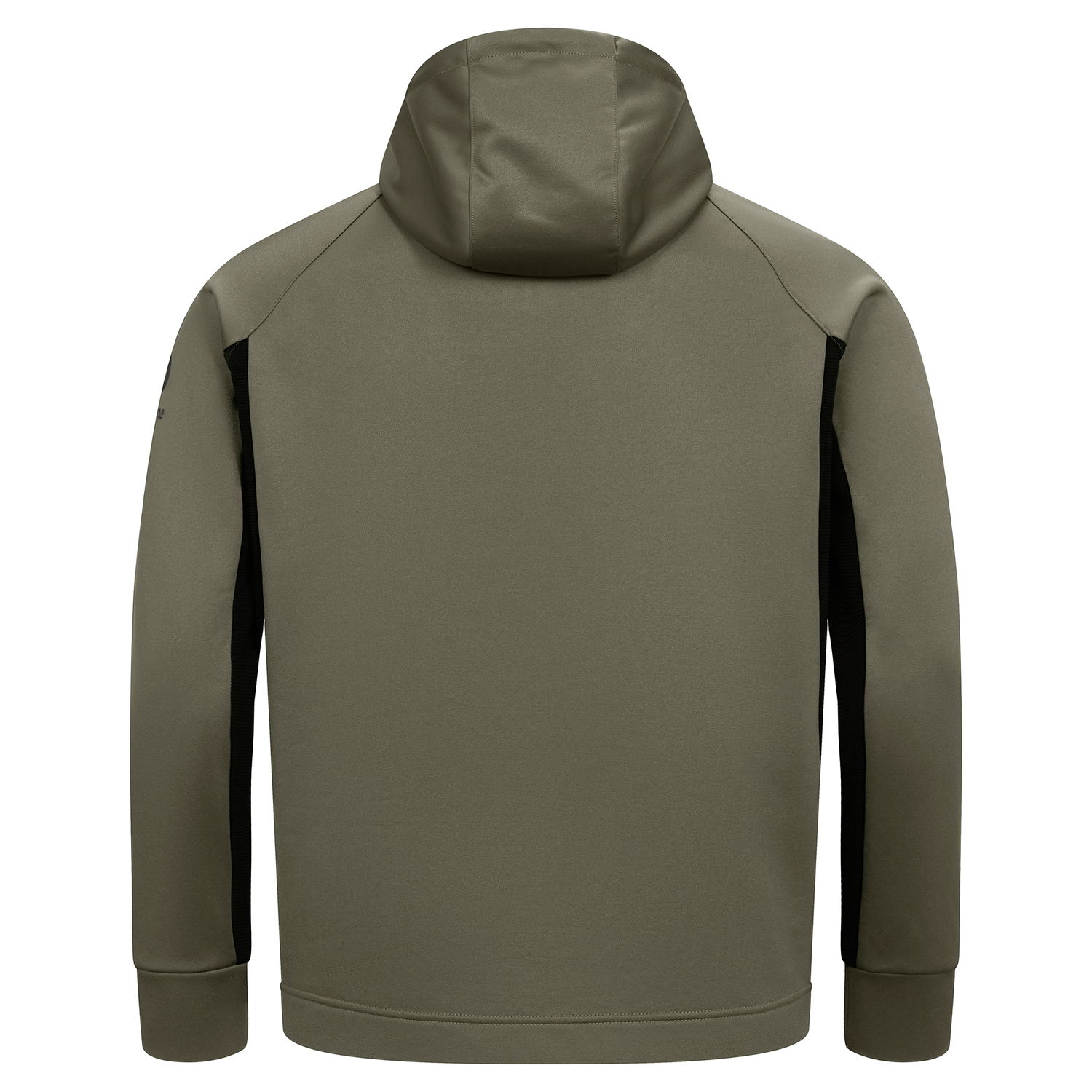Back view of the Ireland 25/26 Training Hoodie by Canterbury in olive green, featuring black side panels and long sleeves, shown against a plain white background.