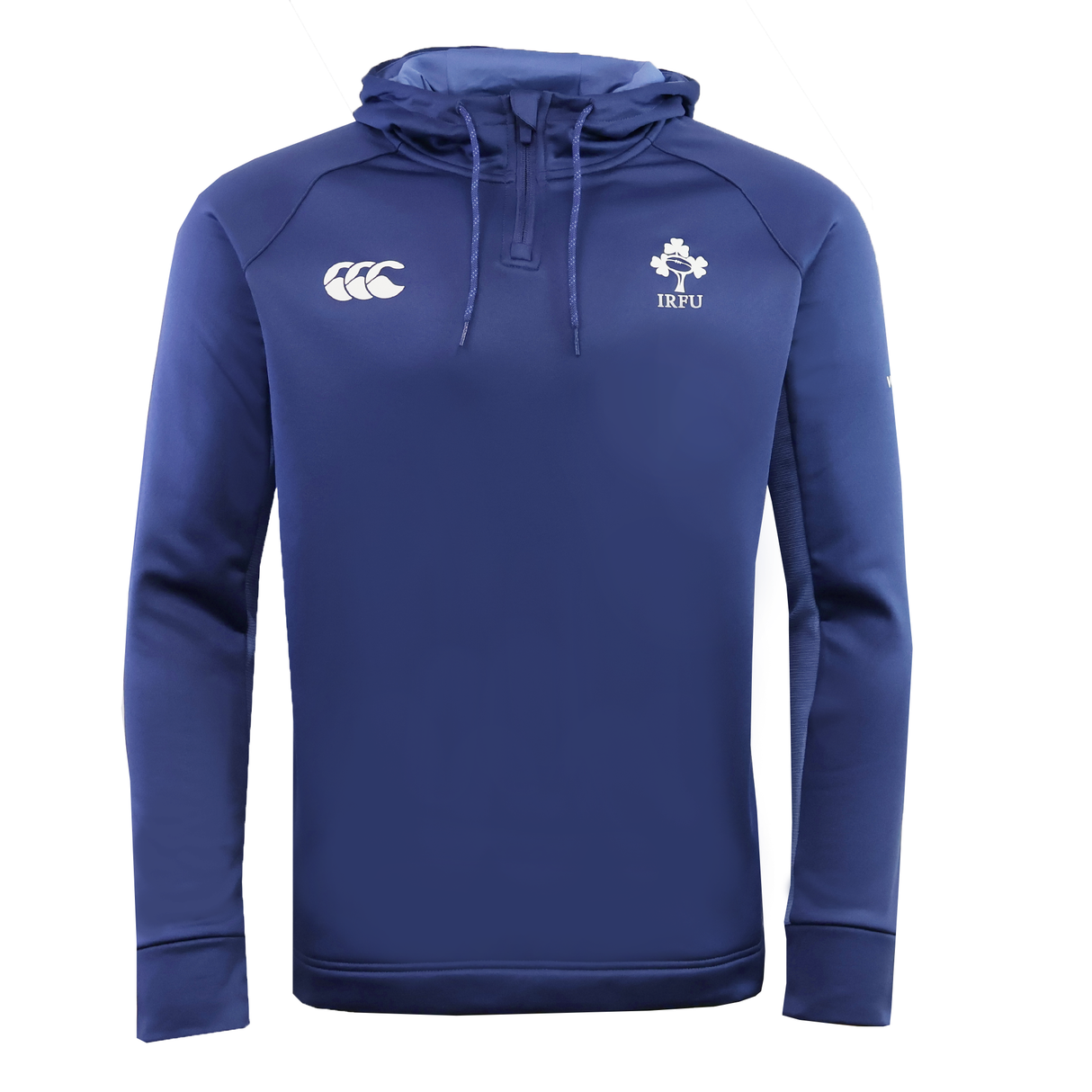 The Ireland 25/26 Training Hoodie by Canterbury is a blue long-sleeve rugby hoodie with a drawstring hood, featuring the Canterbury logo on the right chest and the IRFU logo on the left.