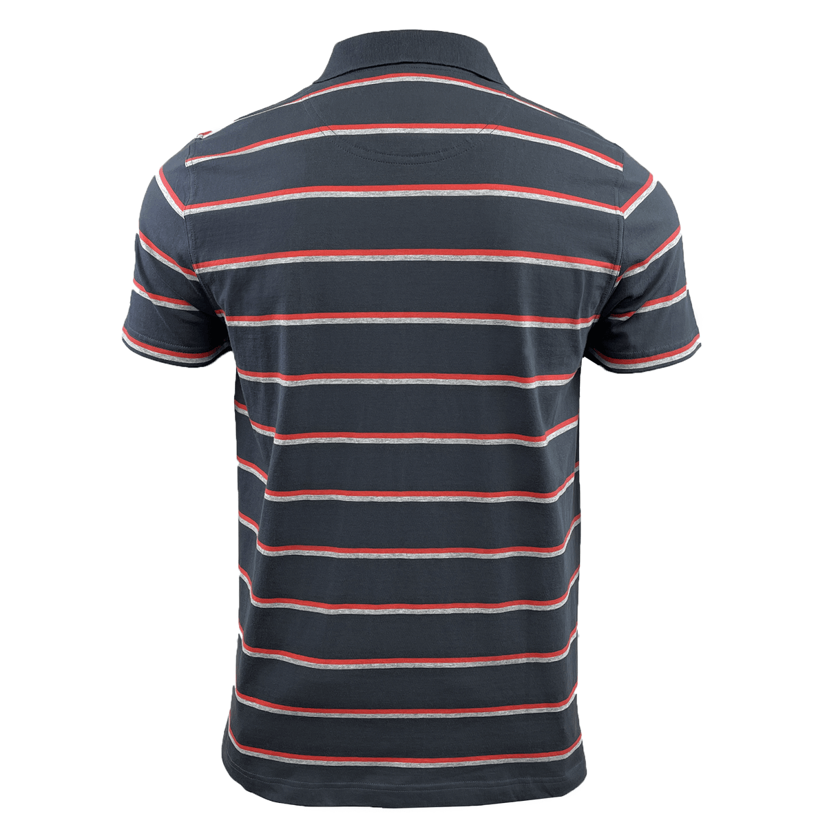 Back view of a Canterbury CCC Stripe Polo by Canterbury, made from 100% cotton, showcasing horizontal gray and red stripes on a dark blue background with a rib knit collar.