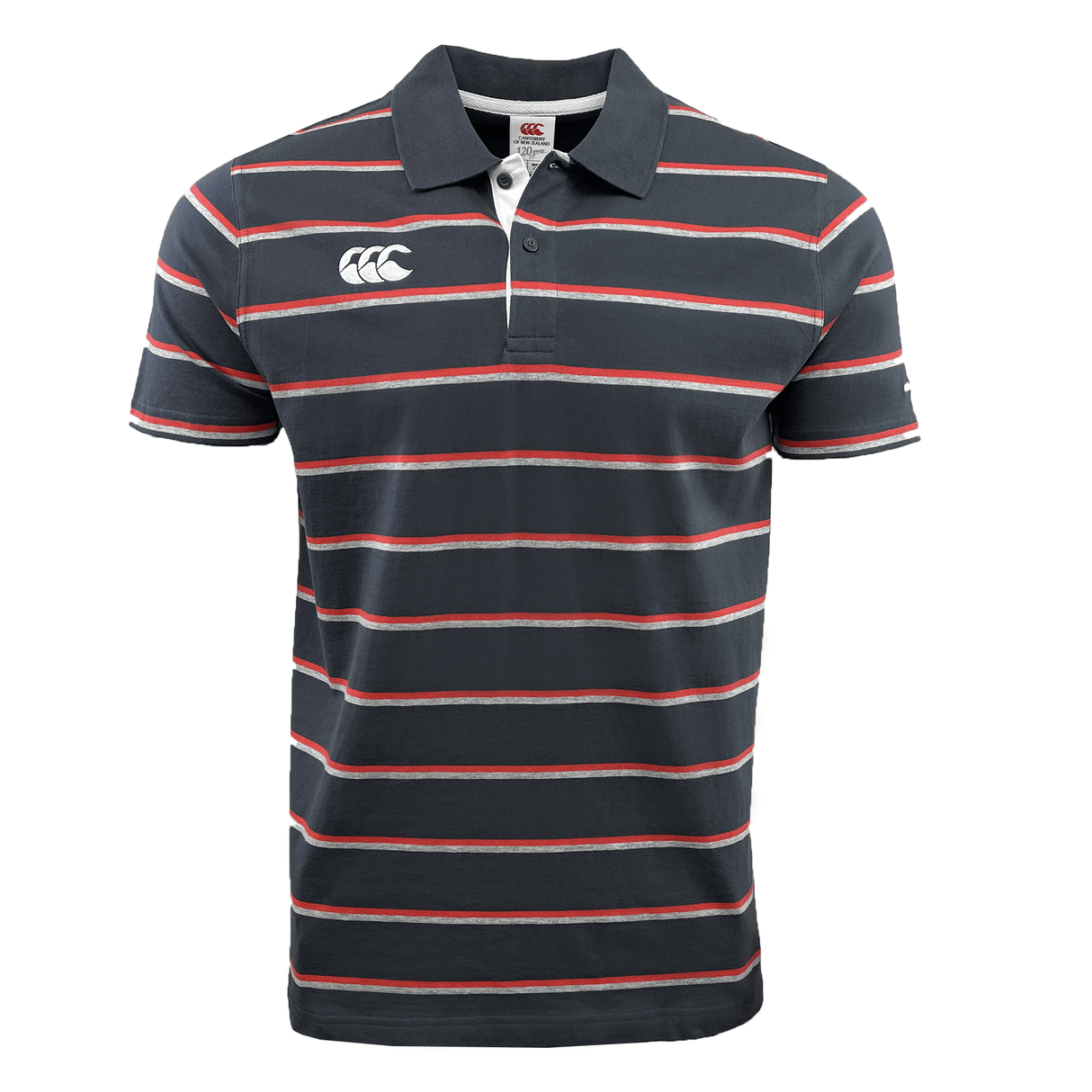 The Canterbury CCC Stripe Polo by Canterbury boasts a black short-sleeved design adorned with red, white, and gray horizontal stripes. It features a rib knit collar and a small logo on the chest. Crafted from 100% cotton, it ensures ultimate comfort.