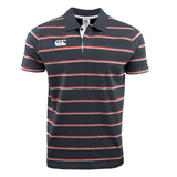 The Canterbury CCC Stripe Polo by Canterbury boasts a black short-sleeved design adorned with red, white, and gray horizontal stripes. It features a rib knit collar and a small logo on the chest. Crafted from 100% cotton, it ensures ultimate comfort.