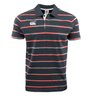 The Canterbury CCC Stripe Polo by Canterbury boasts a black short-sleeved design adorned with red, white, and gray horizontal stripes. It features a rib knit collar and a small logo on the chest. Crafted from 100% cotton, it ensures ultimate comfort.