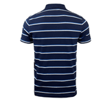 Back view of the Canterbury CCC Stripe Polo, a short-sleeve navy blue shirt from Canterbury with horizontal white stripes and a rib knit collar. Made from 100% cotton for ultimate comfort.