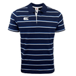 Front view of the Canterbury CCC Stripe Polo by Canterbury, showcasing a rib knit collar and buttons in navy blue and white, crafted from 100% cotton.