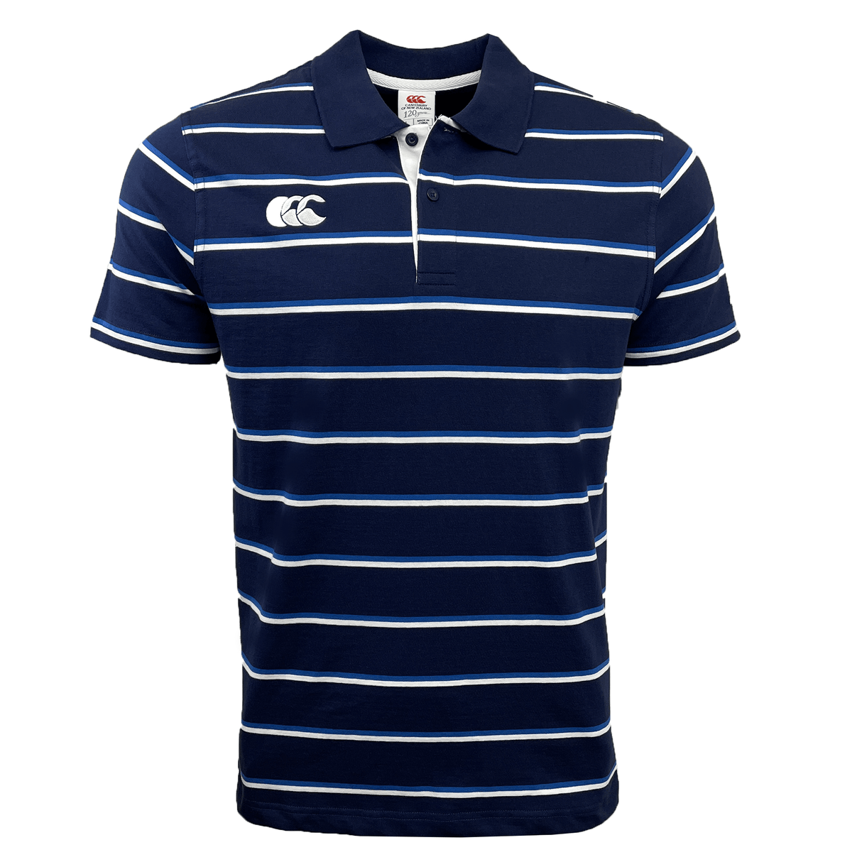 Front view of the Canterbury CCC Stripe Polo by Canterbury, showcasing a rib knit collar and buttons in navy blue and white, crafted from 100% cotton.