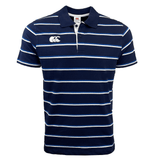 Front view of the Canterbury CCC Stripe Polo by Canterbury, showcasing a rib knit collar and buttons in navy blue and white, crafted from 100% cotton.