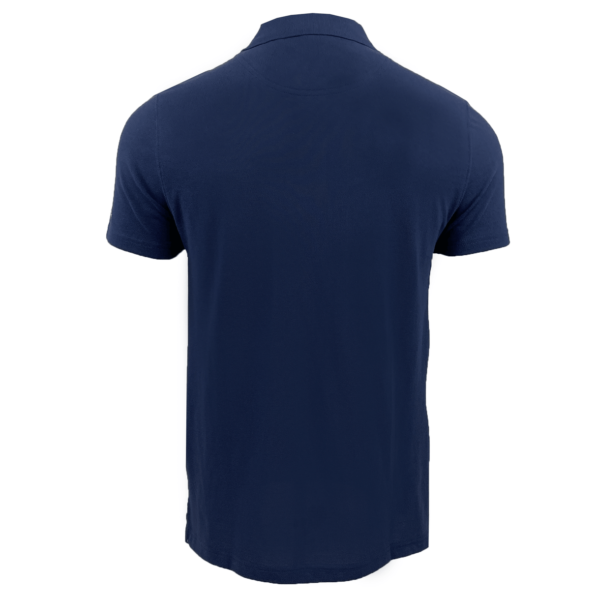 Rear view of the Canterbury CCC Chest Stripe Polo in navy blue, showcasing short sleeves and an embroidered CCC logo on a white background. The polo is made from cotton pique fabric.