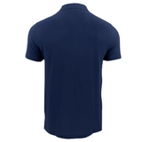 Rear view of the Canterbury CCC Chest Stripe Polo in navy blue, showcasing short sleeves and an embroidered CCC logo on a white background. The polo is made from cotton pique fabric.