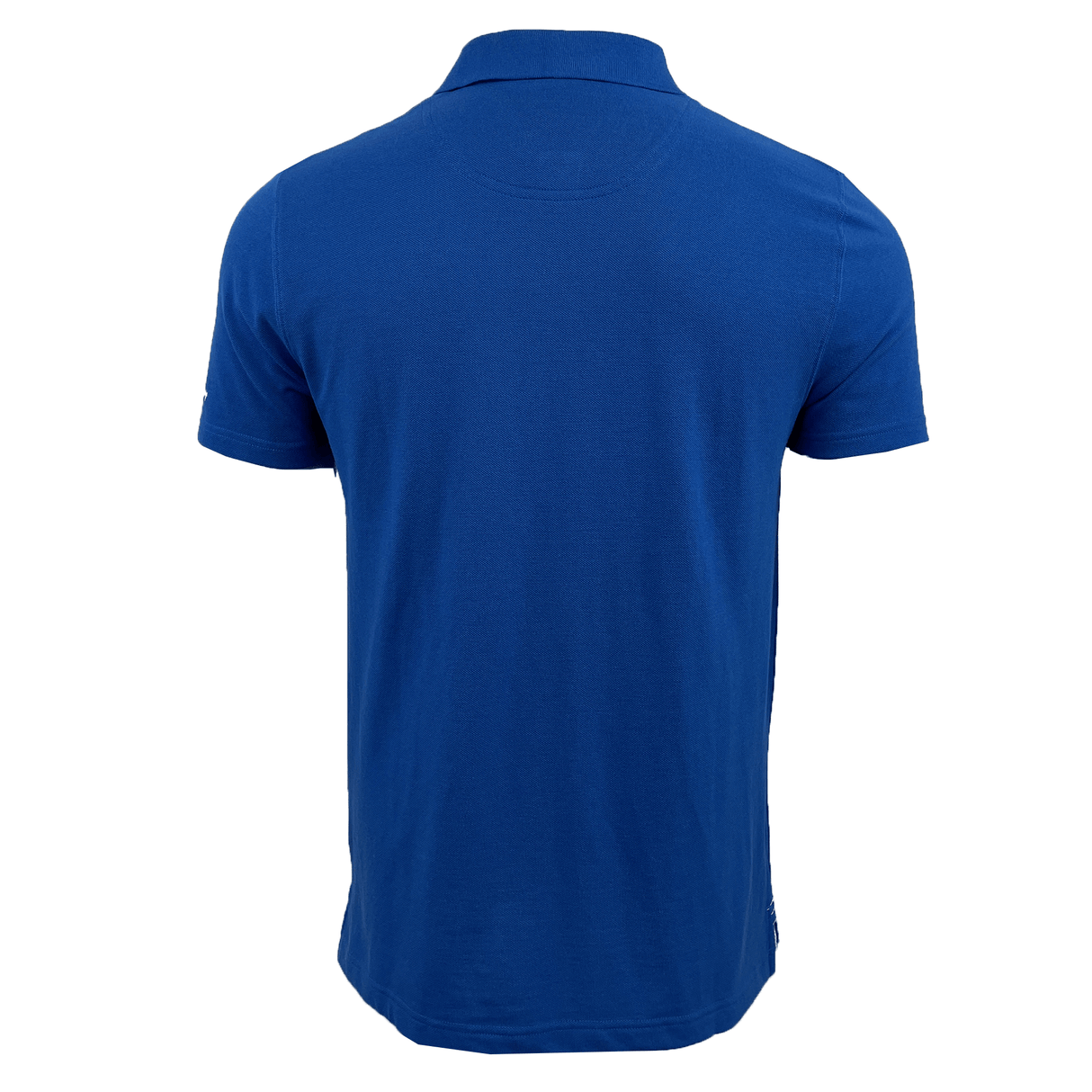 A plain blue Canterbury CCC Chest Stripe Polo is displayed from the back, featuring short sleeves, a collar, and an embroidered Canterbury logo.