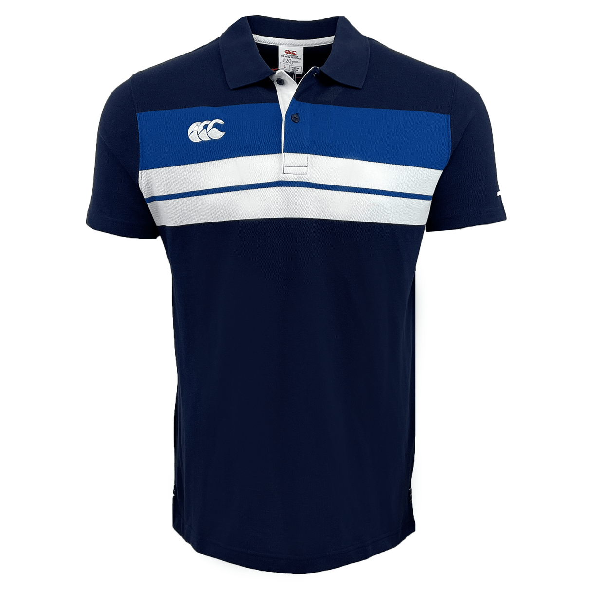 A navy blue, short-sleeved Canterbury CCC Chest Stripe Polo featuring a white and light blue stripe across the chest and a small, embroidered Canterbury logo on the left side.