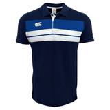A navy blue, short-sleeved Canterbury CCC Chest Stripe Polo featuring a white and light blue stripe across the chest and a small, embroidered Canterbury logo on the left side.