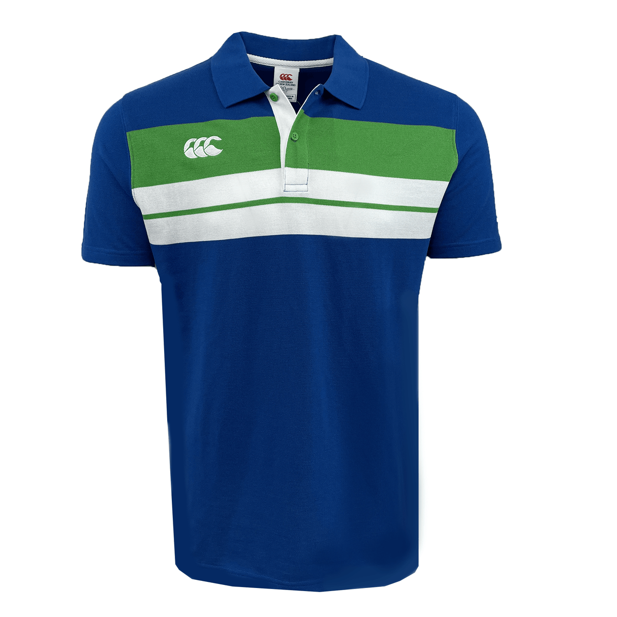 A Canterbury CCC Chest Stripe Polo in blue, showcasing a green and white striped pattern across the chest, complete with a white buttoned collar and an embroidered CCC logo on the upper left side.