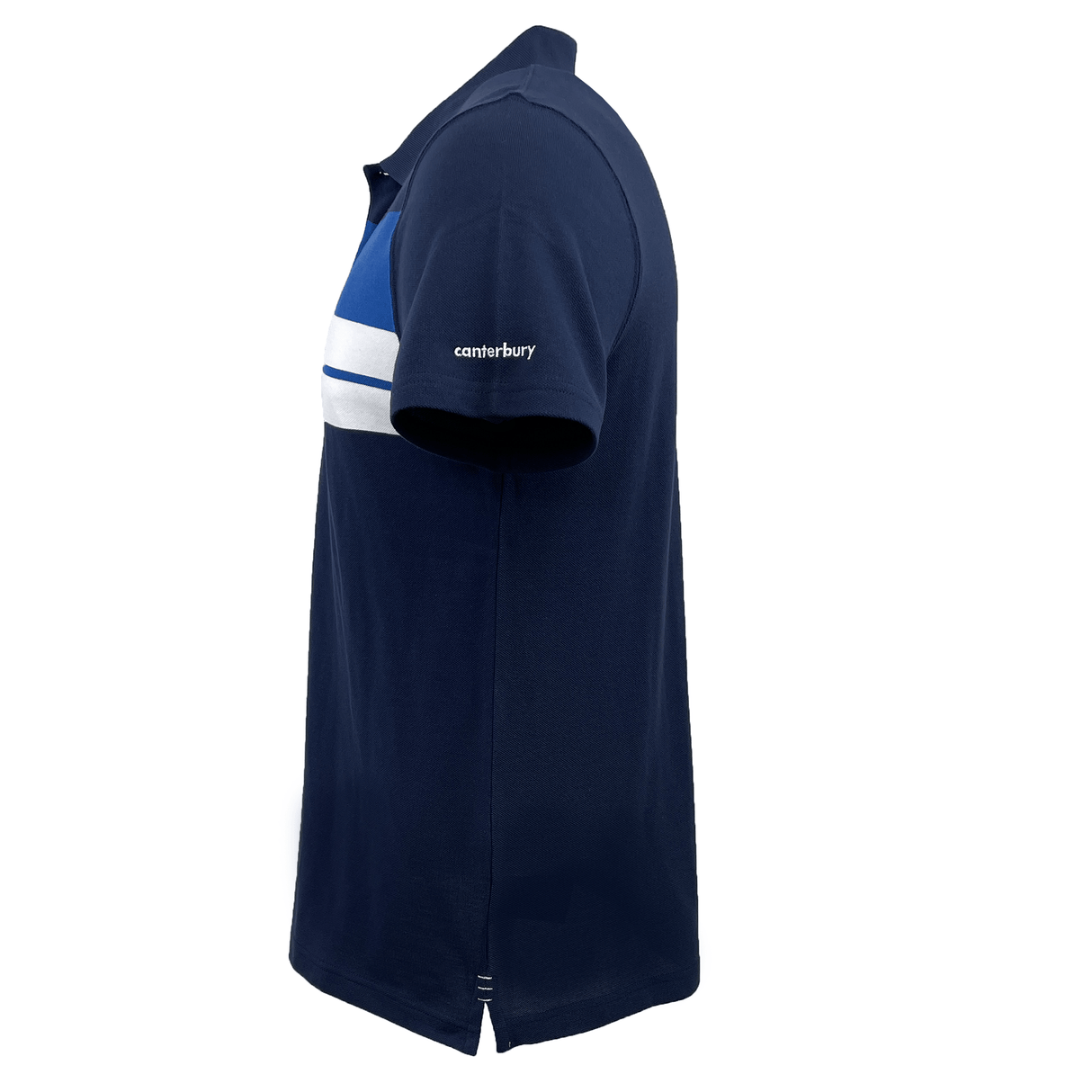 A side-angle view of the Canterbury CCC Chest Stripe Polo in navy blue, featuring white and blue horizontal stripes across the chest and an embroidered CCC logo on the left sleeve.