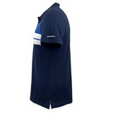 A side-angle view of the Canterbury CCC Chest Stripe Polo in navy blue, featuring white and blue horizontal stripes across the chest and an embroidered CCC logo on the left sleeve.