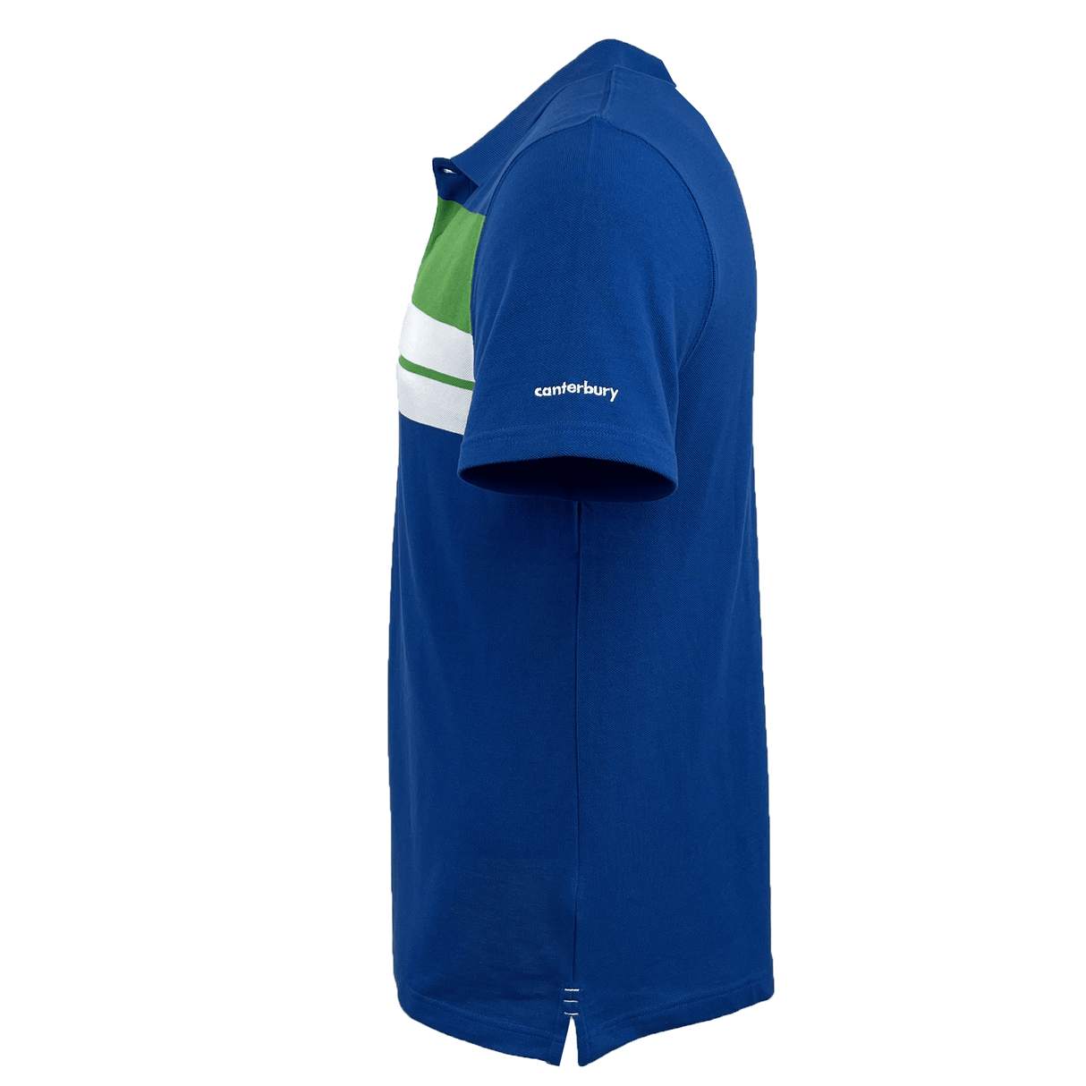 Side view of the Canterbury CCC Chest Stripe Polo by Canterbury, a blue short-sleeved cotton pique polo shirt featuring a green and white horizontal stripe across the chest and an embroidered CCC logo on the sleeve.