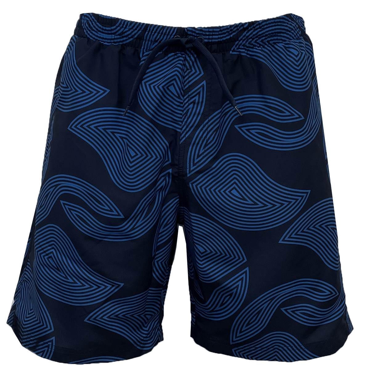 The Canterbury Radial Awning 8in Woven Swim Short, by Canterbury, features an abstract swirling pattern in light blue on a navy blue background. It includes an elasticated waist for added comfort and a practical Velcro back pocket.