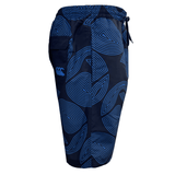 The Canterbury Radial Awning 8in Woven Swim Short comes in navy blue with a pattern design, showcasing a logo on the side. It features an elasticated waistband and includes a convenient Velcro back pocket.