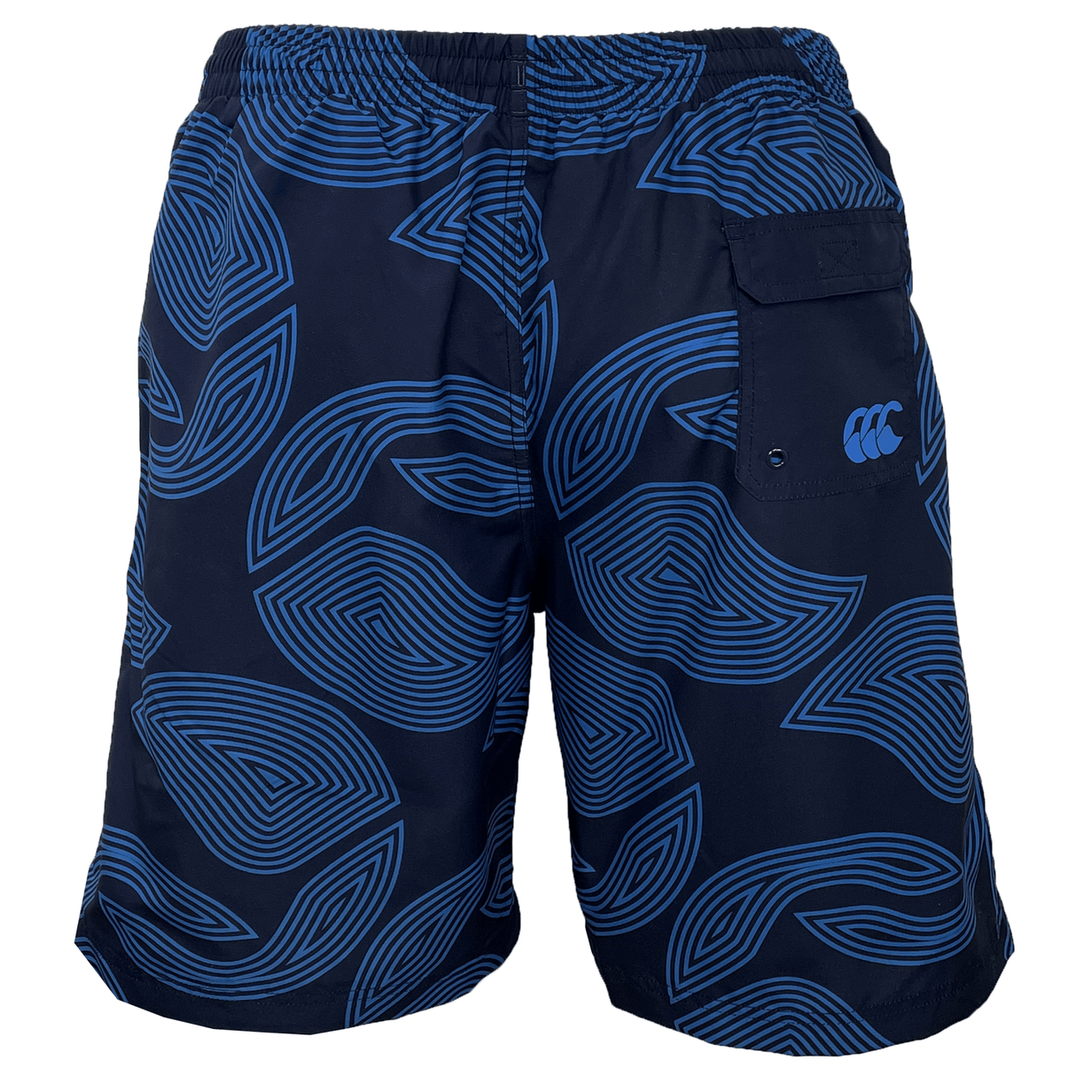 Canterbury Radial Awning 8in Woven Swim Short, blue and black patterned, with an elasticated waist and a Velcro back pocket.