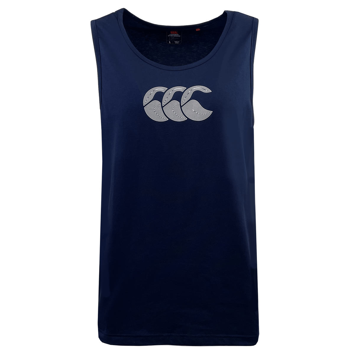 The Canterbury Radial CCC Logo Singlet in shaded spruce displays a white CCC logo with three stylized overlapping shapes on the chest.