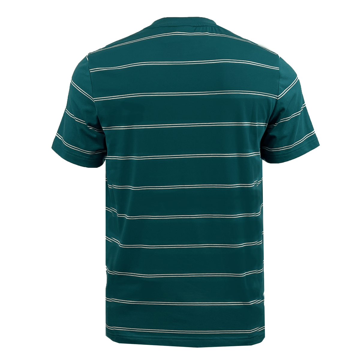 The Canterbury Fundamental Stripe T-Shirt from Canterbury's menswear collection showcases a green short-sleeve design with horizontal white stripes, displayed elegantly from the back.