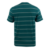 The Canterbury Fundamental Stripe T-Shirt from Canterbury's menswear collection showcases a green short-sleeve design with horizontal white stripes, displayed elegantly from the back.