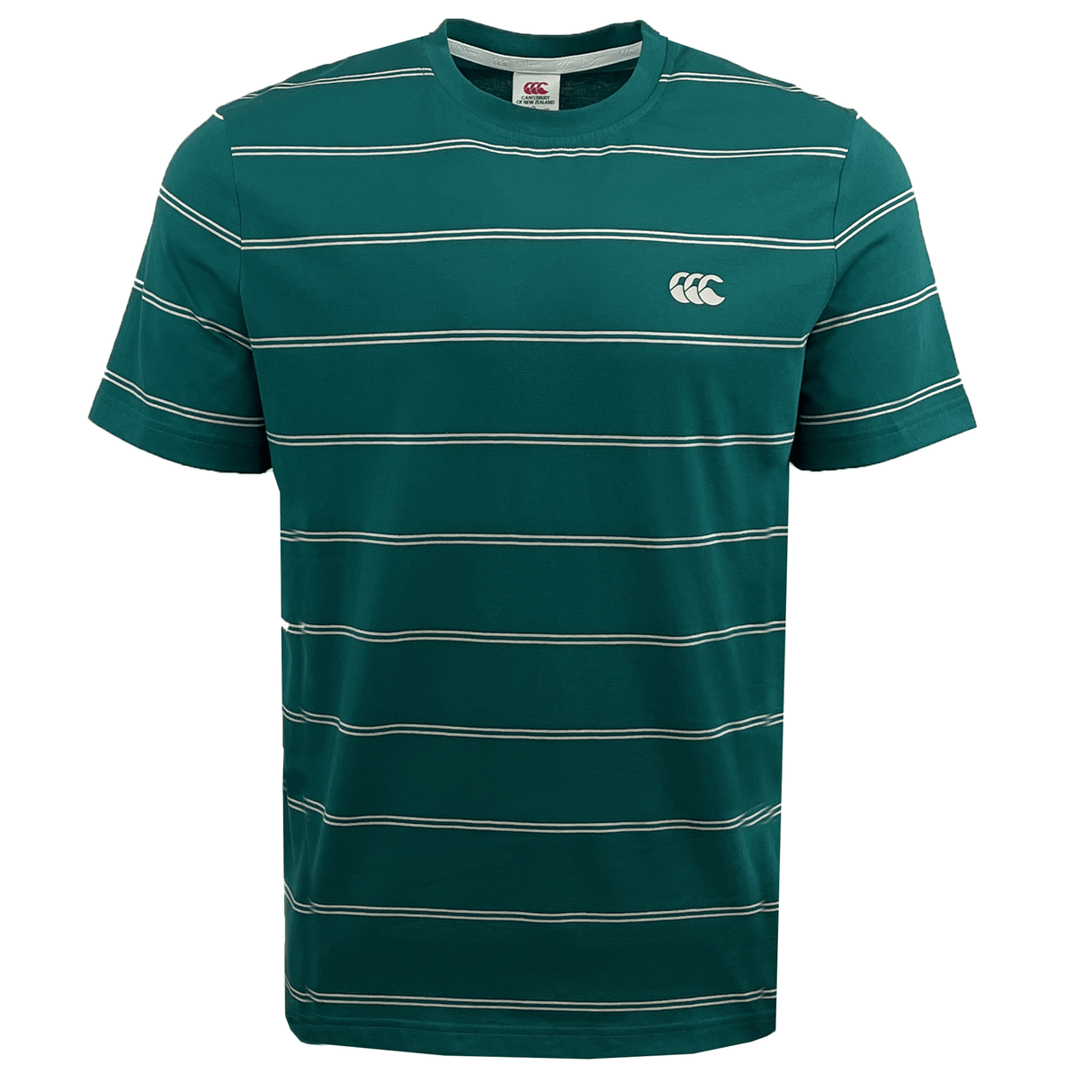 The Canterbury Fundamental Stripe T-Shirt by Canterbury, part of the Fundamentals Collection, boasts a stylish green striped design and a sleek circular logo on the left chest.