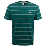 The Canterbury Fundamental Stripe T-Shirt by Canterbury, part of the Fundamentals Collection, boasts a stylish green striped design and a sleek circular logo on the left chest.