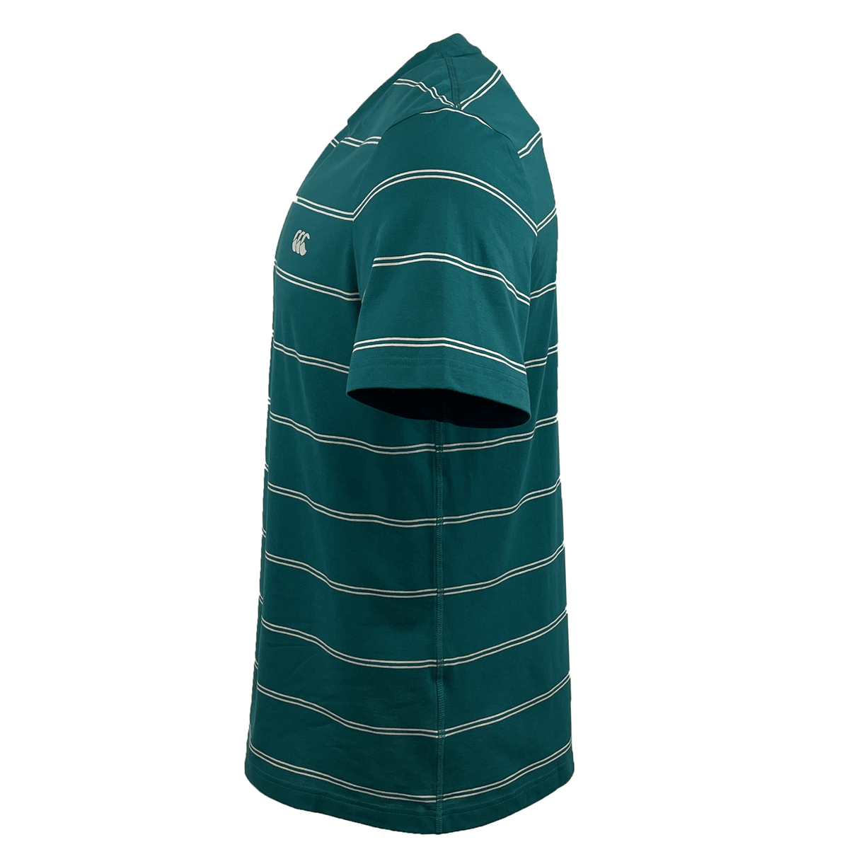 Side view of the teal Canterbury Fundamental Stripe T-Shirt featuring horizontal white stripes and a small chest logo, part of the Canterbury menswear Fundamentals Collection.
