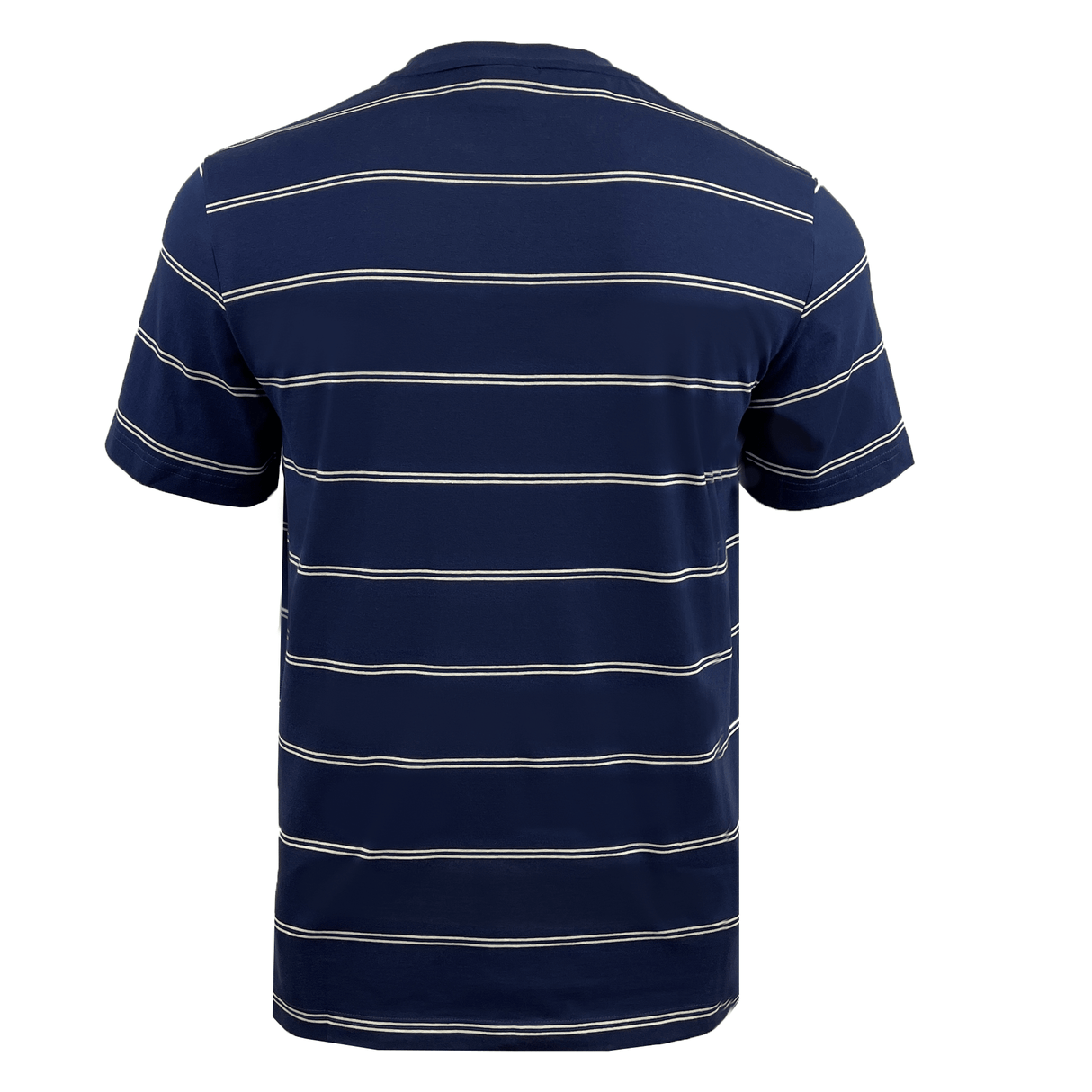 Back view of the Canterbury Fundamental Stripe T-Shirt in navy blue with white horizontal stripes from Canterbury's Fundamental Collection.