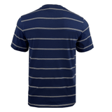 Back view of the Canterbury Fundamental Stripe T-Shirt in navy blue with white horizontal stripes from Canterbury's Fundamental Collection.