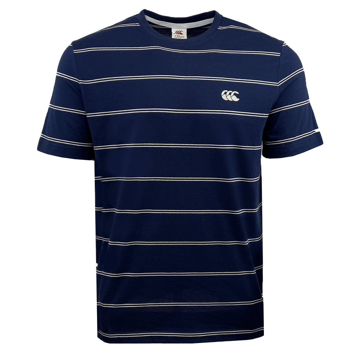 This Canterbury Fundamental Stripe T-Shirt from the Canterbury brand is a timeless piece, featuring navy blue with thin white horizontal stripes and a small logo on the chest.
