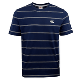 This Canterbury Fundamental Stripe T-Shirt from the Canterbury brand is a timeless piece, featuring navy blue with thin white horizontal stripes and a small logo on the chest.