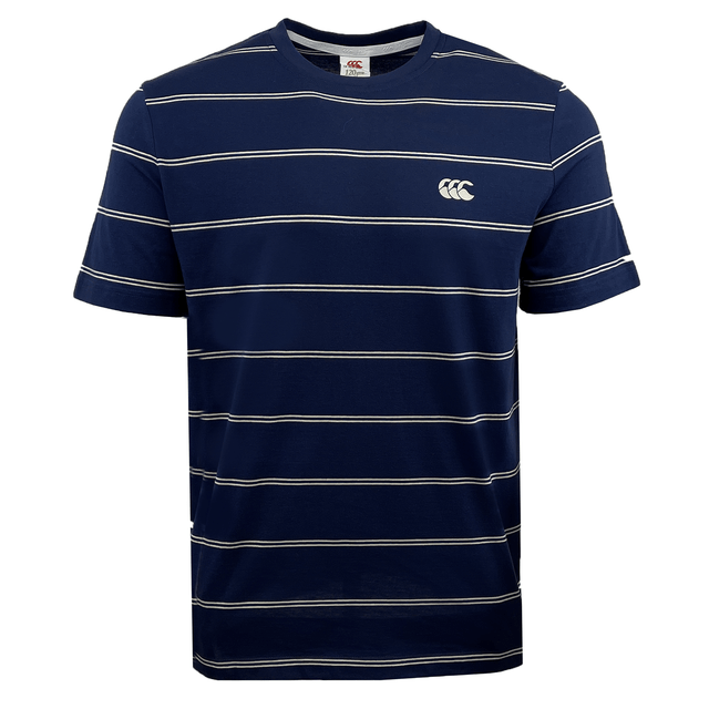 This Canterbury Fundamental Stripe T-Shirt from the Canterbury brand is a timeless piece, featuring navy blue with thin white horizontal stripes and a small logo on the chest.