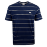 This Canterbury Fundamental Stripe T-Shirt from the Canterbury brand is a timeless piece, featuring navy blue with thin white horizontal stripes and a small logo on the chest.