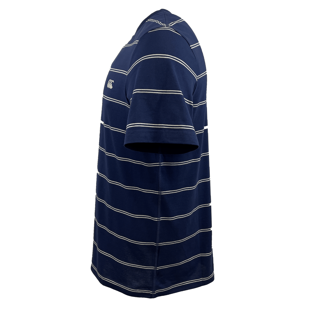 Side view of the Canterbury Fundamental Stripe T-Shirt featuring horizontal white stripes, a small logo on the upper left chest area, and designed by Canterbury. This navy blue short-sleeve t-shirt is part of their Fundamentals Collection.