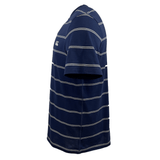 Side view of the Canterbury Fundamental Stripe T-Shirt featuring horizontal white stripes, a small logo on the upper left chest area, and designed by Canterbury. This navy blue short-sleeve t-shirt is part of their Fundamentals Collection.
