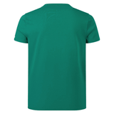 Back view of a green Youth Ireland 24 Team Cotton T-Shirt by Canterbury, made from organic cotton, on a white background, highlighting its simplicity and charm.