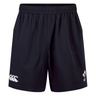 A pair of black Ireland 24 Woven Gym Shorts by Canterbury with an elastic waistband, featuring the Canterbury logo on the left leg and the Irish Rugby Football Union (IRFU) logo on the right leg.