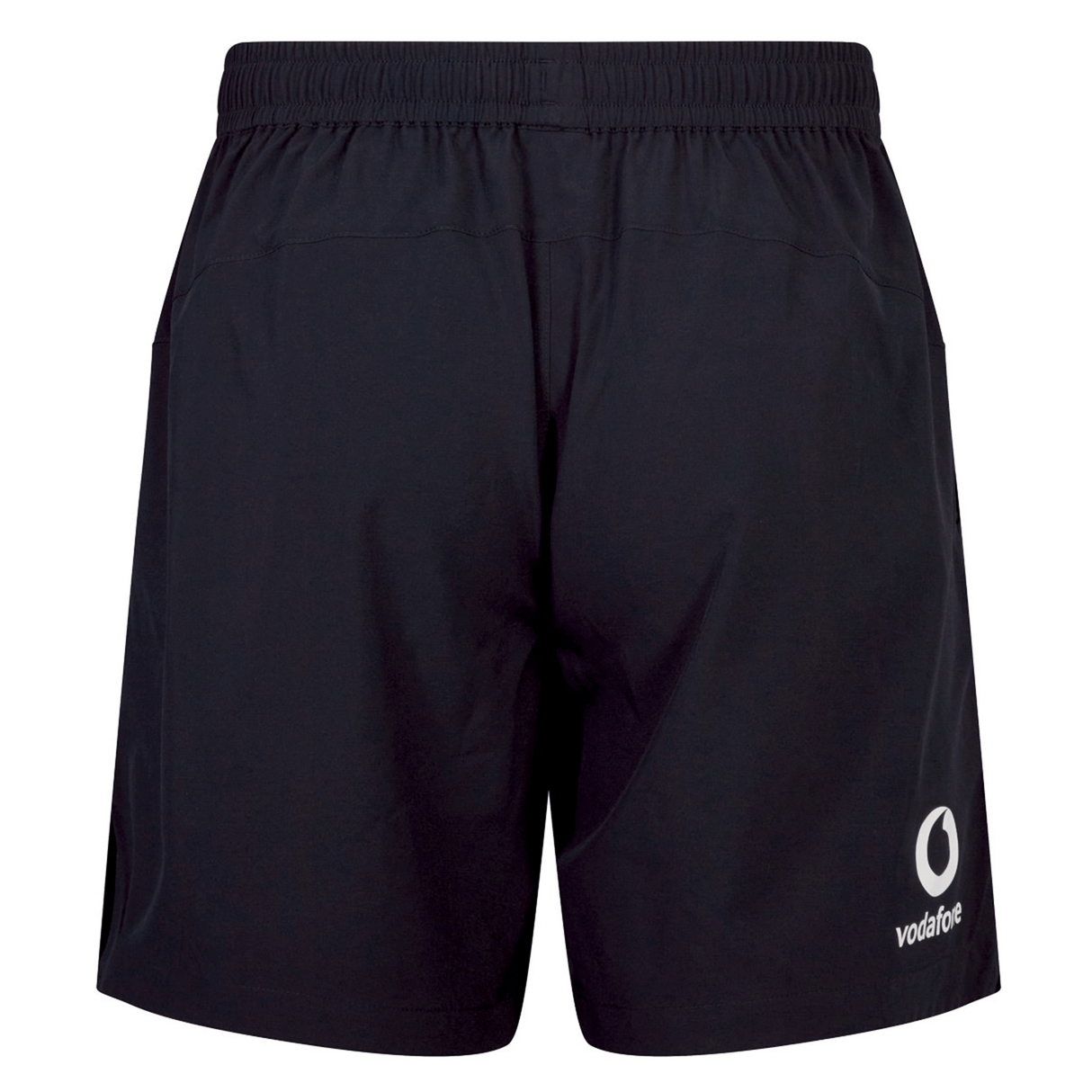 Back view of black Ireland 24 Woven Gym Short by Canterbury featuring a white circular logo and the text "vodafèce" on the lower right side.