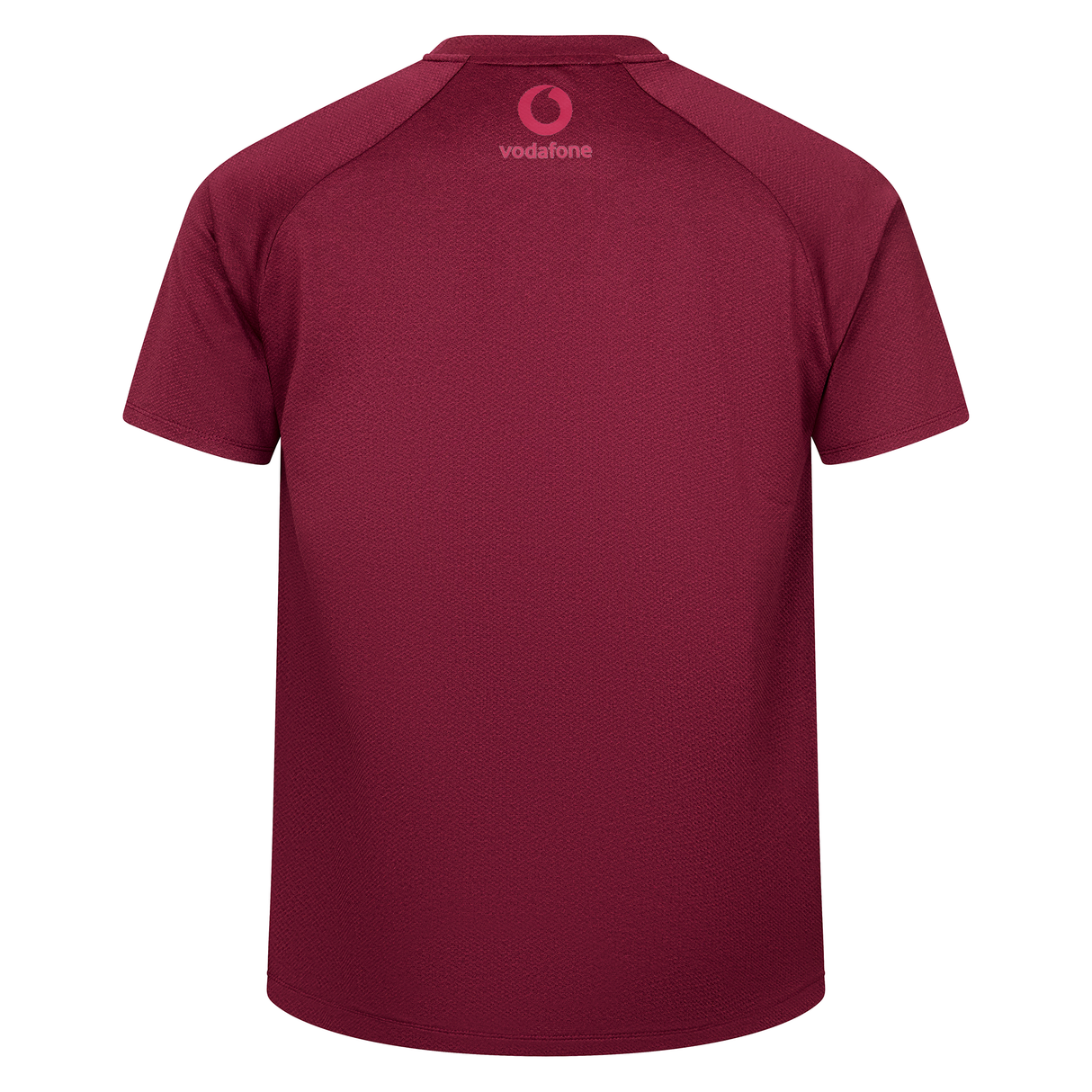 The Ireland 25/26 Autumn Internationals Elite Training Tee by Canterbury is a maroon short-sleeve sports shirt with Vapodri technology and a small Vodafone logo near the collar, shown from the back.