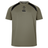 The Ireland 25/26 Autumn Internationals Elite Training Tee by Canterbury features olive green fabric, black shoulder accents, and IRFU and Canterbury chest logos. Made with Vapodri tech, it’s shown on a plain white background.