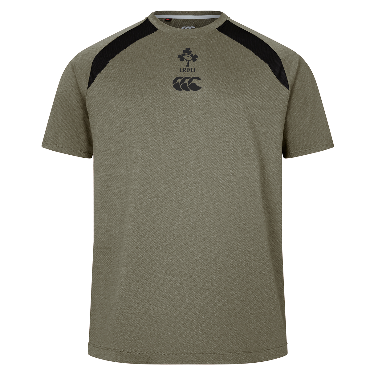 The Ireland 25/26 Autumn Internationals Elite Training Tee by Canterbury features olive green fabric, black shoulder accents, and IRFU and Canterbury chest logos. Made with Vapodri tech, it’s shown on a plain white background.