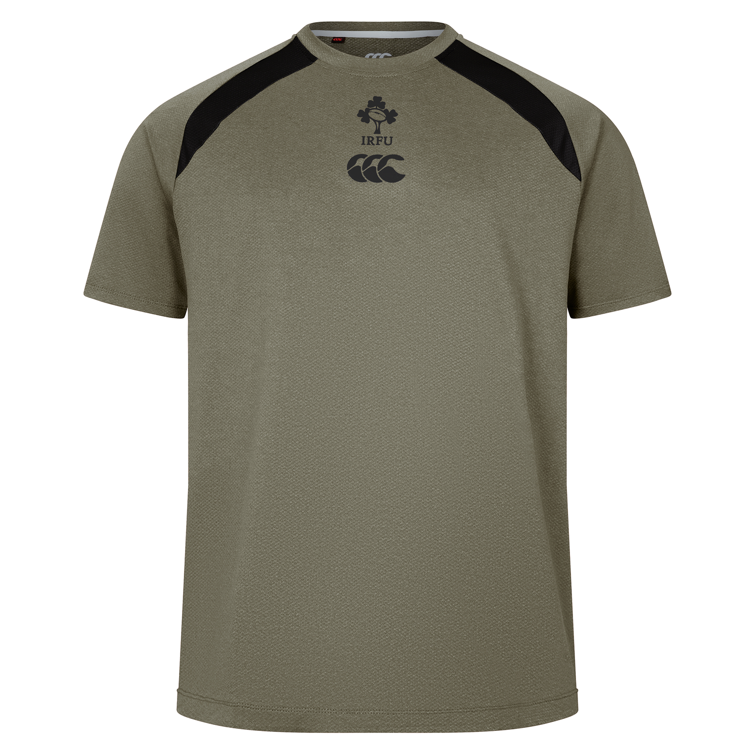 The Ireland 25/26 Autumn Internationals Elite Training Tee by Canterbury features olive green fabric, black shoulder accents, and IRFU and Canterbury chest logos. Made with Vapodri tech, it’s shown on a plain white background.