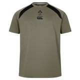 The Ireland 25/26 Autumn Internationals Elite Training Tee by Canterbury features olive green fabric, black shoulder accents, and IRFU and Canterbury chest logos. Made with Vapodri tech, it’s shown on a plain white background.