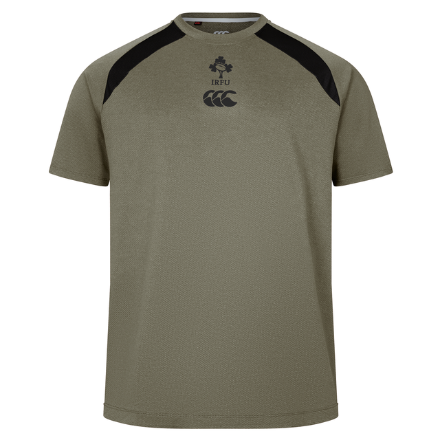 The Ireland 25/26 Autumn Internationals Elite Training Tee by Canterbury features olive green fabric, black shoulder accents, and IRFU and Canterbury chest logos. Made with Vapodri tech, it’s shown on a plain white background.
