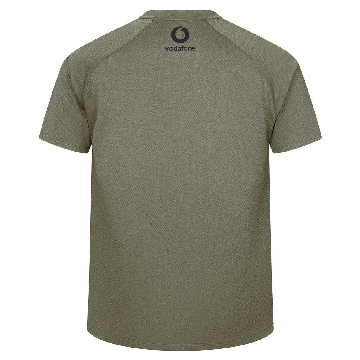 Back view of the Ireland 25/26 Autumn Internationals Elite Training Tee by Canterbury in olive green, featuring a black Vodafone logo near the neckline and crafted with Vapodri technology for comfort.