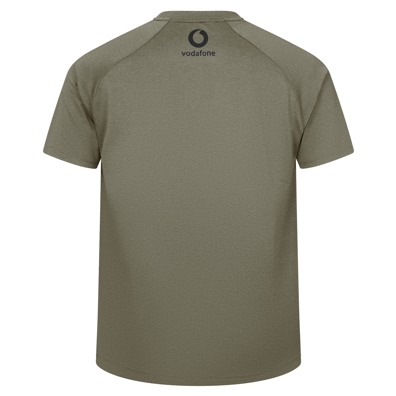 Back view of the Ireland 25/26 Autumn Internationals Elite Training Tee by Canterbury in olive green, featuring a black Vodafone logo near the neckline and crafted with Vapodri technology for comfort.